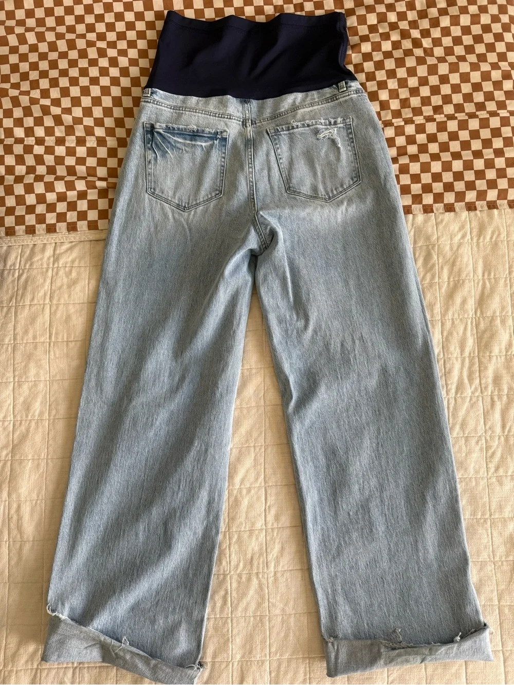 Pinkblush Light Blue Boyfriend Maternity Jeans with Navy Waistband